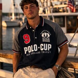 JSN Polo Cup New England Mens Shirt Sz XL Preppy Rugby Y2K Blue Nautical Coastal